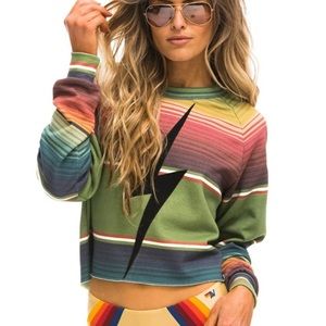 AVIATOR NATION Tulum Green Bolt Stitch Cropped Crew